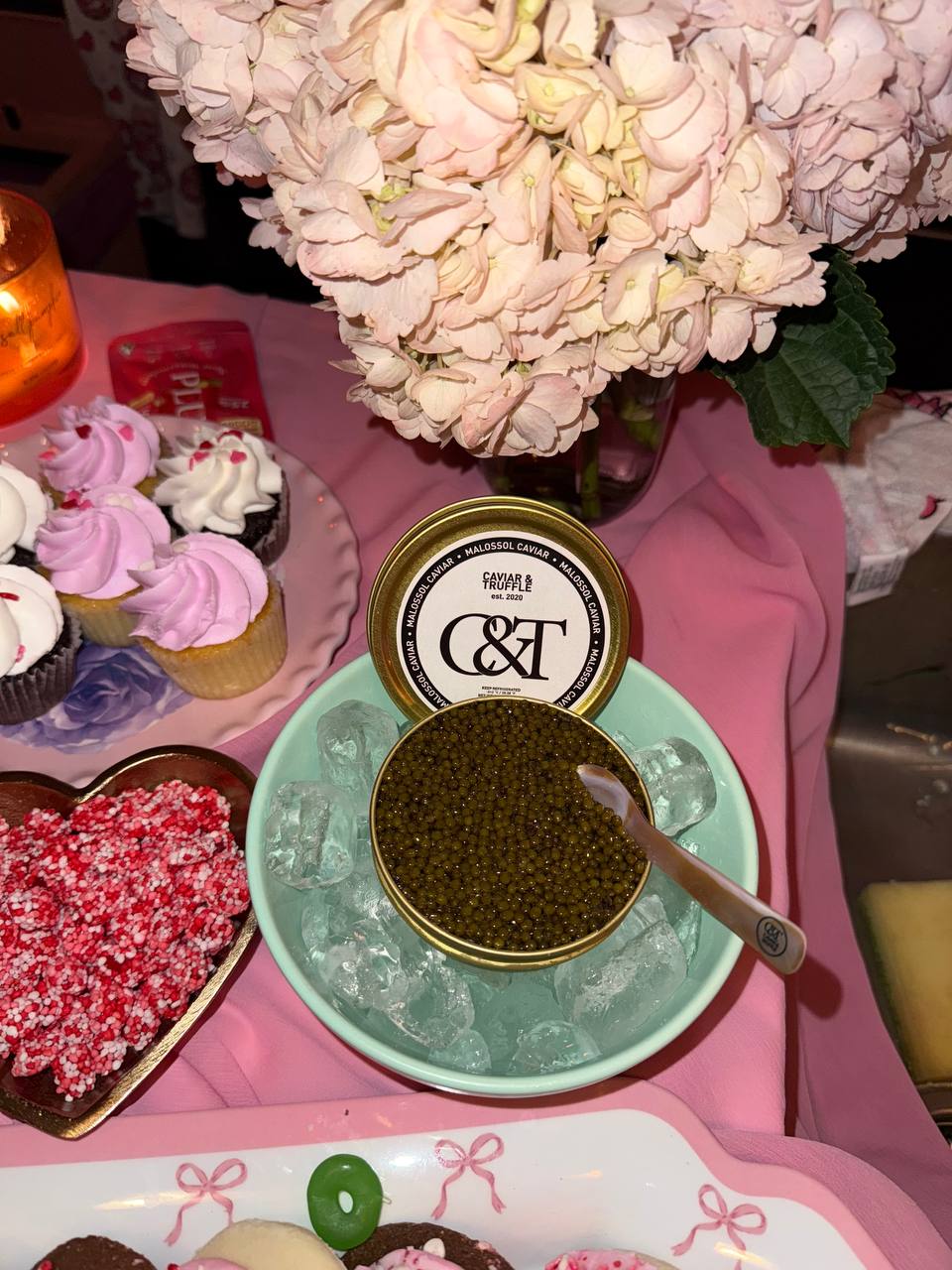 Caviar served on a private party table with champagne