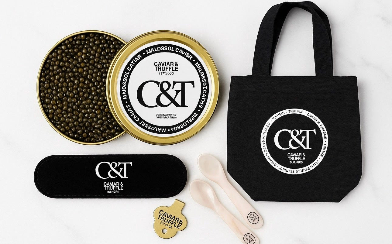 Caviar and Truffle gift set with tote bag, caviar tin, mother of pearl spoons and branded opener