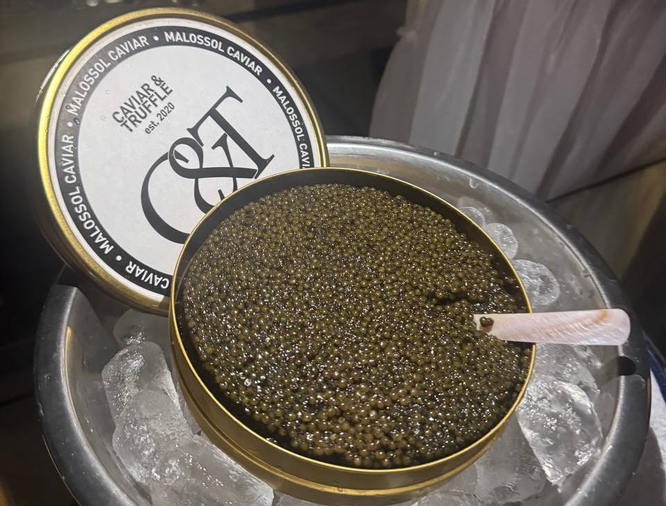 Open tin of Kaluga Hybrid caviar served on ice