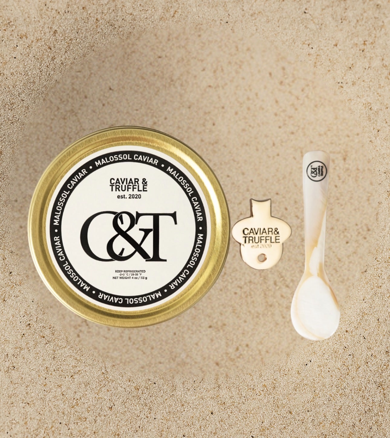 Kaluga Hybrid caviar tin with Caviar and Truffle opening key and mother of pearl spoon